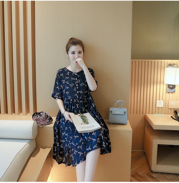 เดรสคนท้อง น้ำเงินลายดอกไม้ ผ้านิ่มใส่สบาย M,L,XL,XXL