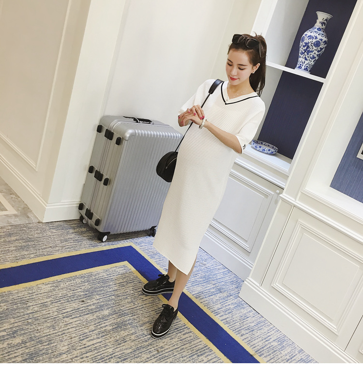 ชุดคลุมท้องแฟชั่นน่ารัก คอวี ผ้าลายนูนเนื้อดี ใส่สบาย เรียบหรู ดูแพง M L XL XXL