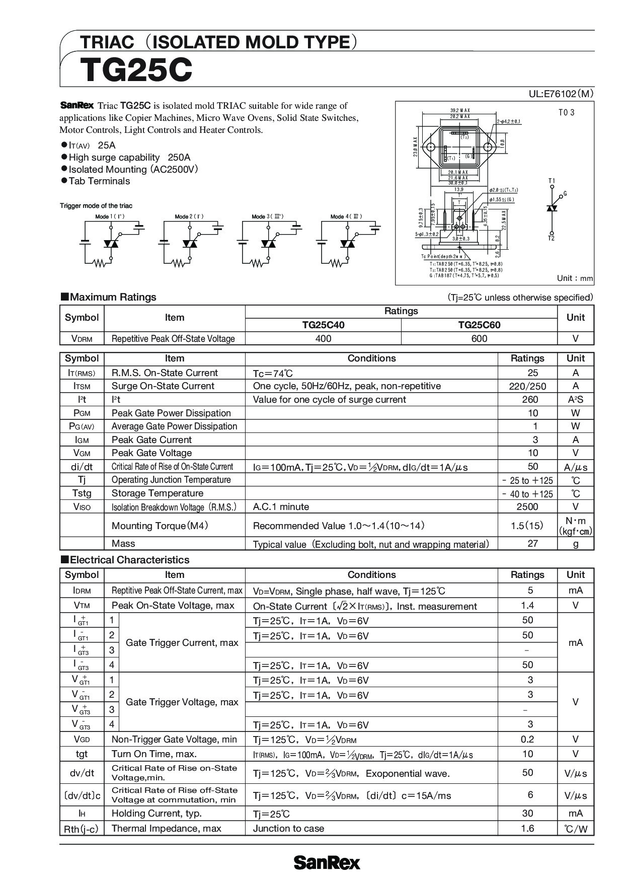 TRIAC TG25C60 SANREX แท้ ไตรแอค 25A 600V Isolate Mold Type Gate Trigger Current 50mA Max ใช้สำหรับหรี่ไฟและเครื่องทำน้ำอุ่น TO-3