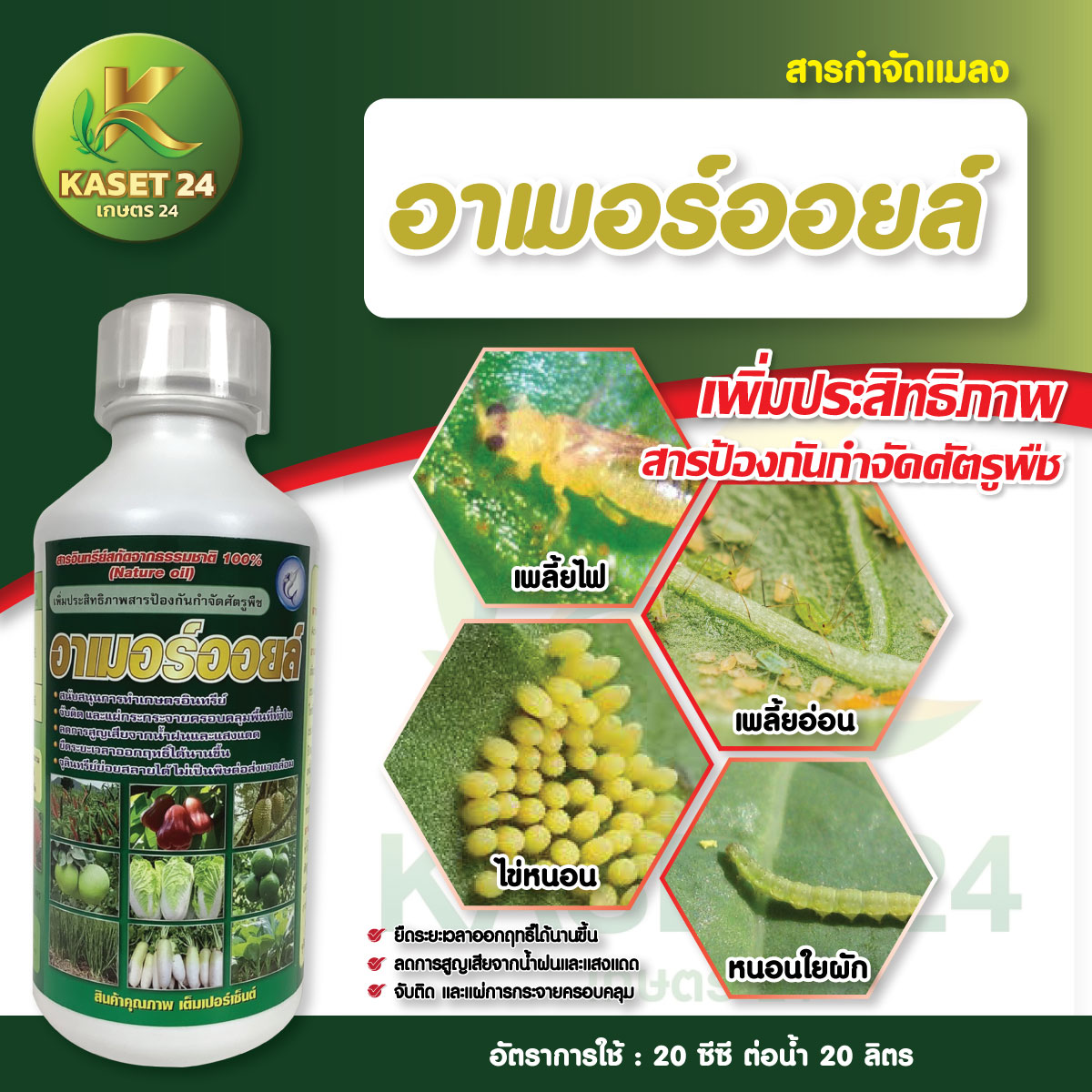 ยาจับใบ + ยาคลุมไข่เพลี้ย อาเมอร์ออย คุมไข่หนอน ไข่เพลี้ย ช่วยลดแรงตึงผิวของใบ (ขนาด 1 ลิตร) ส่งฟรีเก็บเงินปลายทาง (ไม่บวกเพิ่ม)