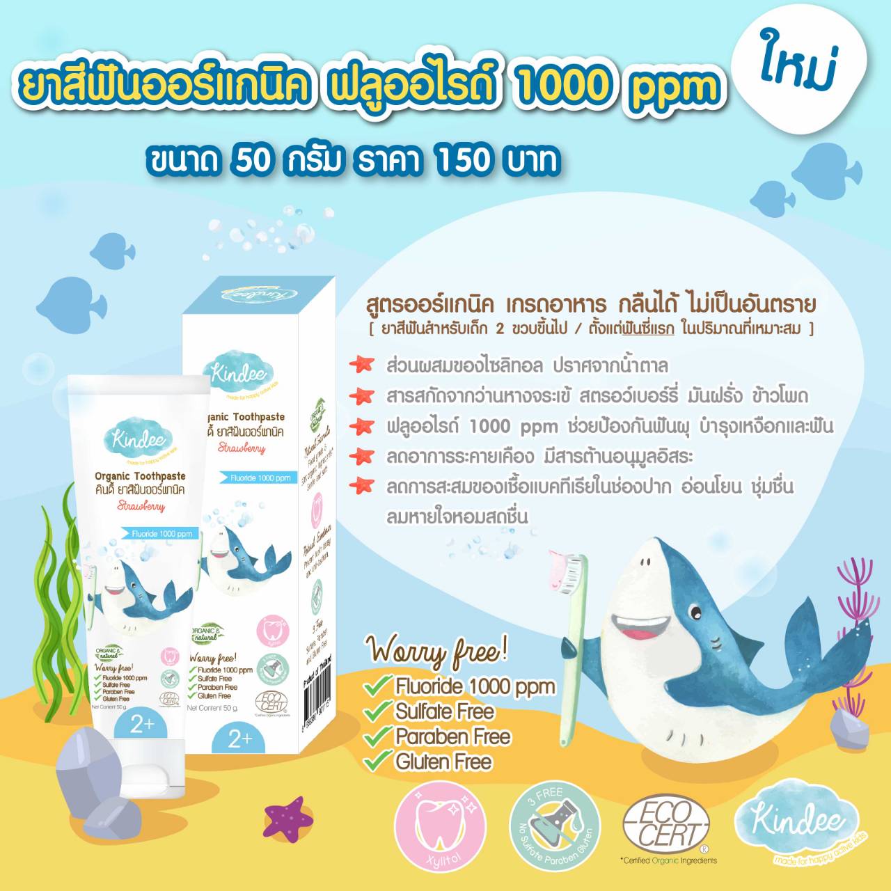 ยาสีฟันเด็ก 1000 ppm สำหรับ 2 ขวบขึ้นไป Kindee