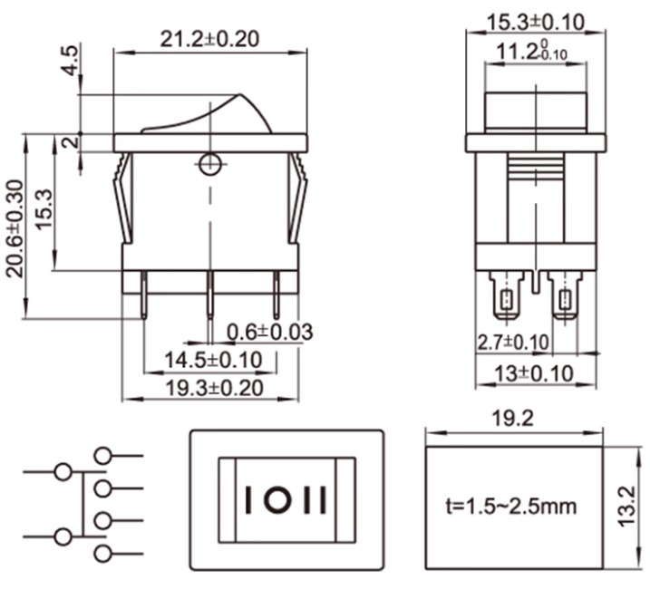 Switch KCD1-203-1 6A250V 6ขา สีดำON-OFF-ON