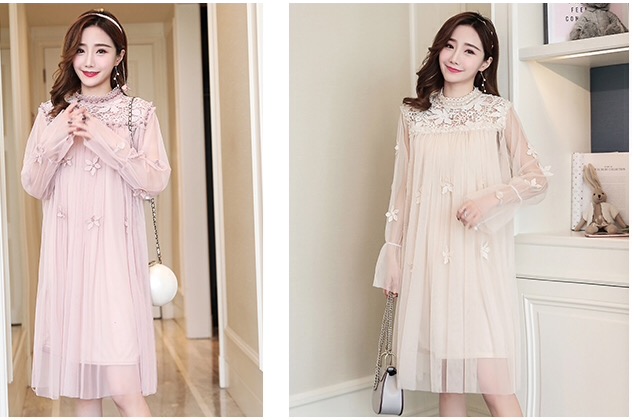 เดรสคลุมท้องแฟชั่นลูกไม้แขนยาว ประดับด้วยมูก ผ้าาตาข่ายประดับด้วยดอกไม้ น่ารักมาก