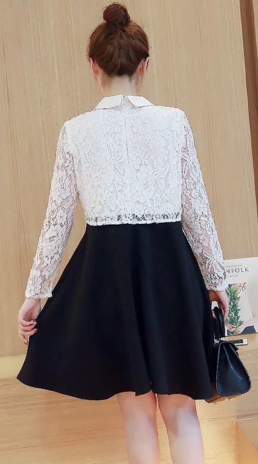 ชุดคลุมท้อง แขนยาวด้านบนเป็นลูกไม้สีขาว โบว์ที่คอ น่ารักเรียบร้อยแบบลงตัว M,L,XL,XXL