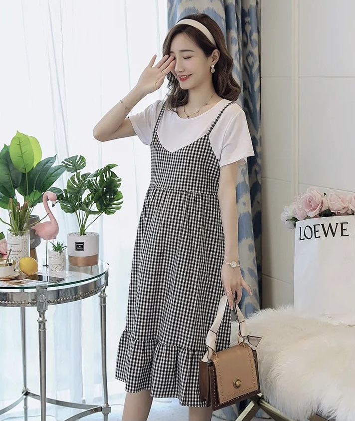 ชุดคลุมท้องแฟชั่นแขนสั้น เอี๊ยมหลอกเย็บติดเป็นชุดเดียวกัน น่ารัก ผ้านิ่มมาก M L XL XXL 3XL 4XL