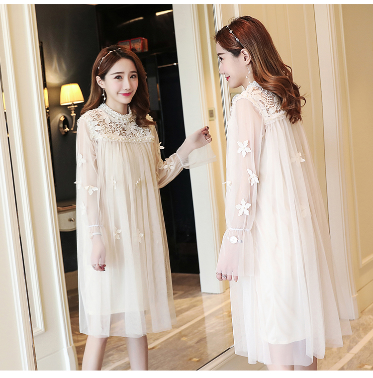 เดรสคลุมท้องแฟชั่นลูกไม้แขนยาว ประดับด้วยมูก ผ้าาตาข่ายประดับด้วยดอกไม้ น่ารักมาก