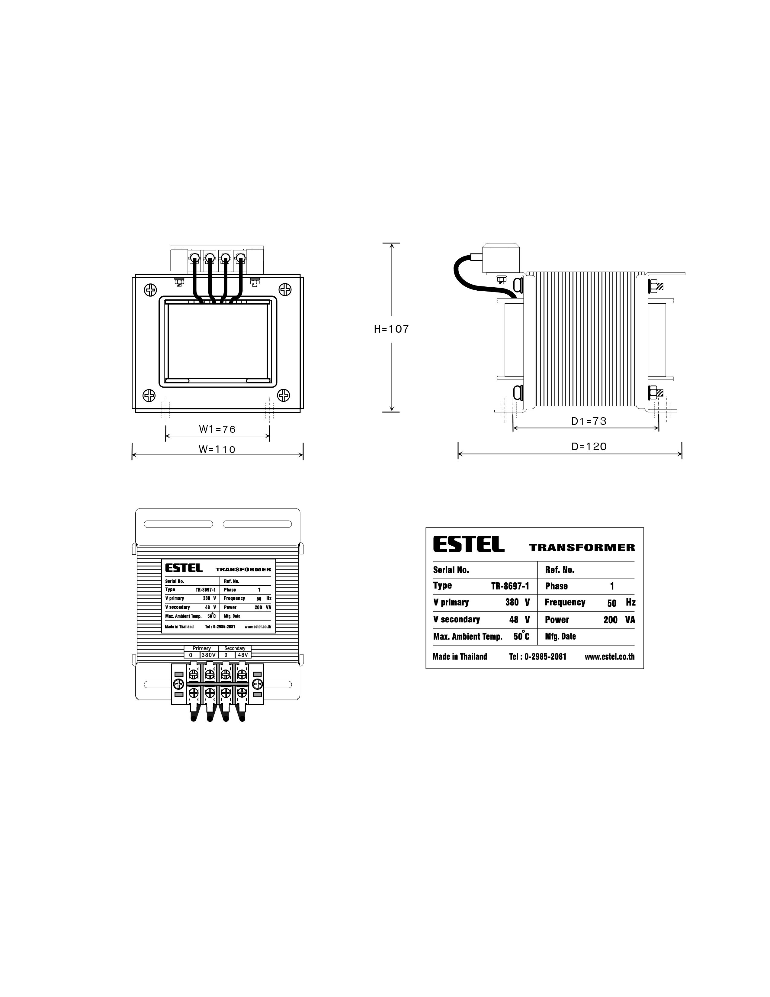 หม้อแปลงESTEL Input 0 380 VAC Output 0 48 VAC 200VA
