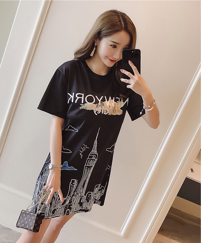 ชุดคลุมท้องเปิดให้นมแฟชั่น ลาย New York เปิดให้นมแนวนอน สีดำ M,L,XL