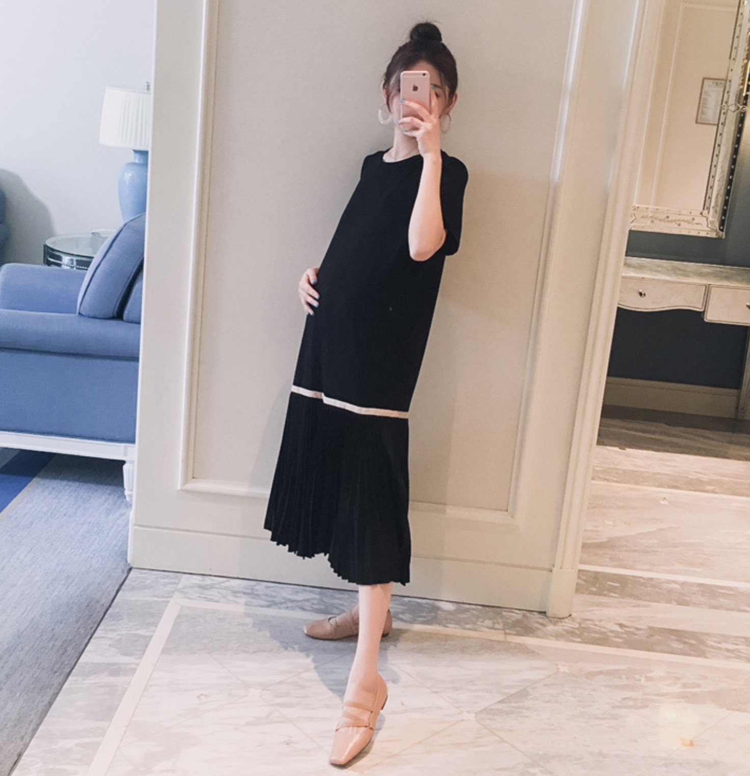 เดรสคลุมท้องแฟชั่น ช่วงบนเป็นผ้ายืดเนื้อนิ่ม ใส่สบาย ช่วงล่างตัดเส้น เป็นชีฟองอัดพรีท M L XL XXL