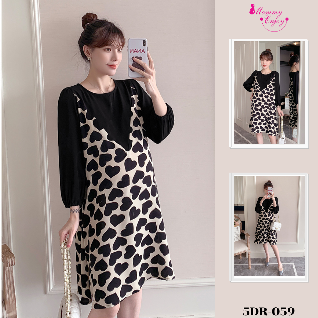 เดรสคลุมท้องแฟชั่นเกาหลี เอี๊ยมหลอก ผ้าชีฟอง ลายหัวใจน่ารัก ทรงสวย ดูดีมากค่ะชุดนี้ M L XL XXL