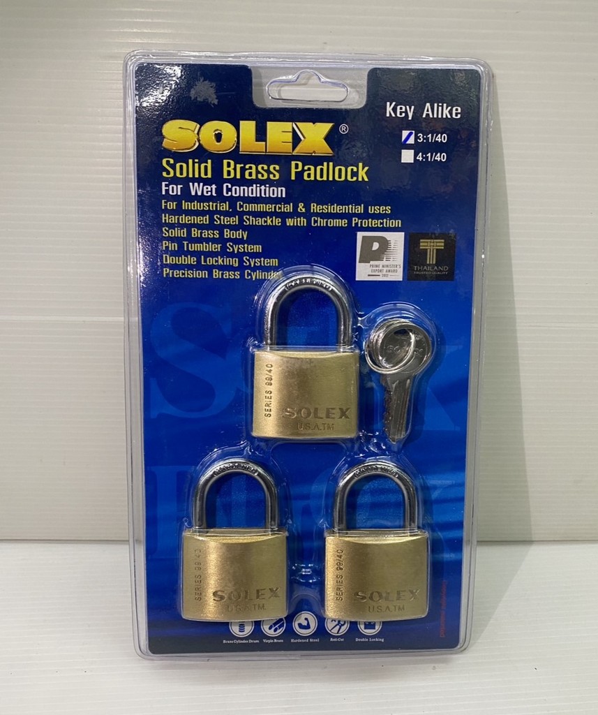 กุญแจแขวนชุด Key Alike 3:1 ระบบสปริง คอสั้น 40มิล SOLEX #SL99 3:1 40mm.