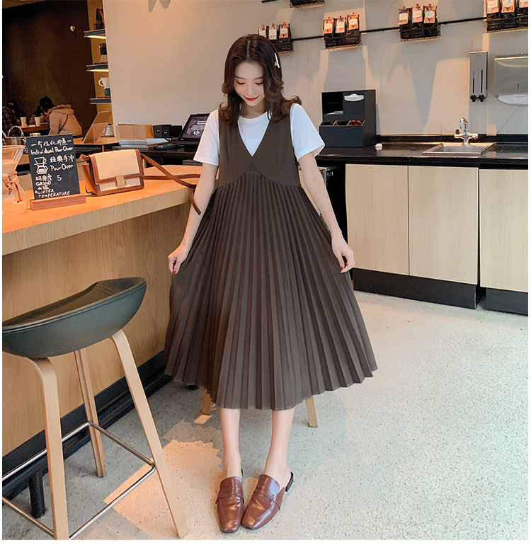เอี๊ยมกระโปรงคลุมท้องยาว + เสื้อ ผ้ายืดทิ้งตัว ช่วงกระโปรงจีบรอบ M L XL XXL