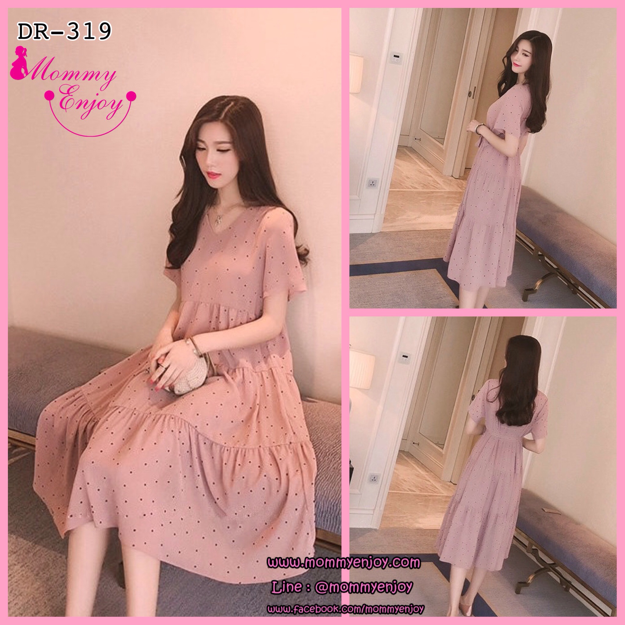 ชุดคลุมท้องแขนสั้น ผ้าชีฟอง ลายจุด ผ้านิ่มเบาสบาย มีซับใน M L XL XXL