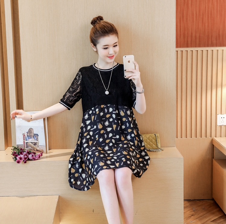 ชุดคลุมท้องแฟชั่น ด้านบนลูกไม้ ด้านล่างพิมพ์ลายผลไม้ ทรงระบายใส่สบายน่ารักมากมาย M,L,XL,XXL