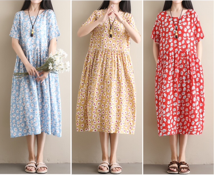 เดรสคลุมท้องแฟชั่น ผ้าลินิน ลายดอกน่ารัก ใส่สบาย มีกระเป๋าข้าง M L XL XXL