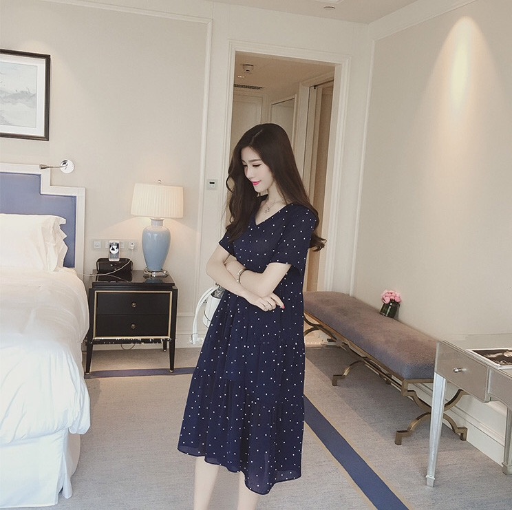 ชุดคลุมท้องแขนสั้น ผ้าชีฟอง ลายจุด ผ้านิ่มเบาสบาย มีซับใน M L XL XXL