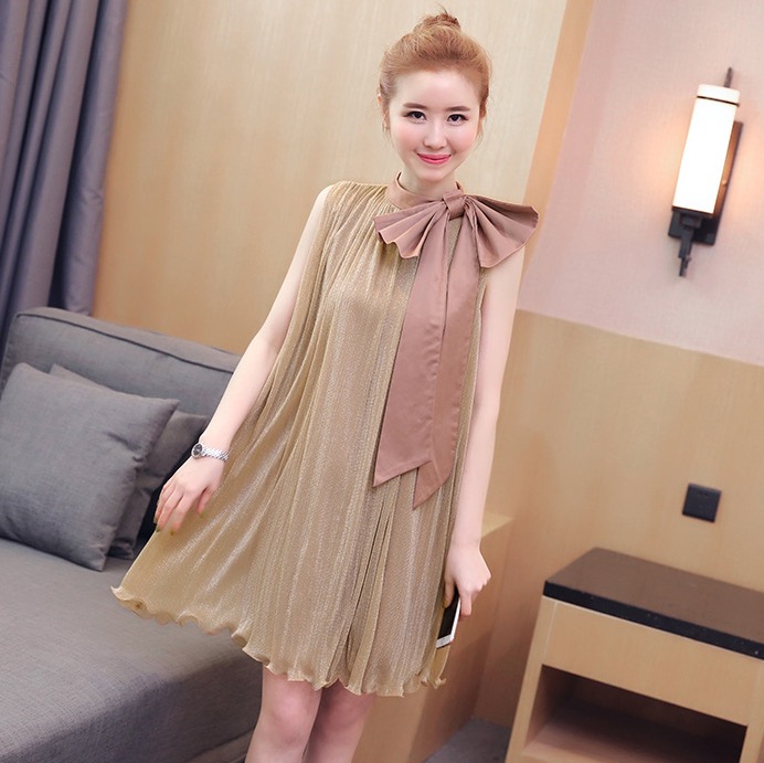 ชุดคลุมท้องเกาหลี แขนกุด ผ้าถักเนื้อทราย ทรงระบายผูกโบว์น่ารักมากๆ M,L,XL,XXL