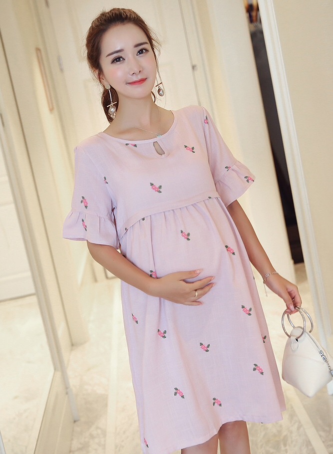 ชุดคลุมท้องเปิดให้นมแฟชั่น ผ้าลินิน แขนระบาย เปิดให้นมแนวนอน มีเชือกผูกหลังน่ารักค่ะ M,L,XL,XXL