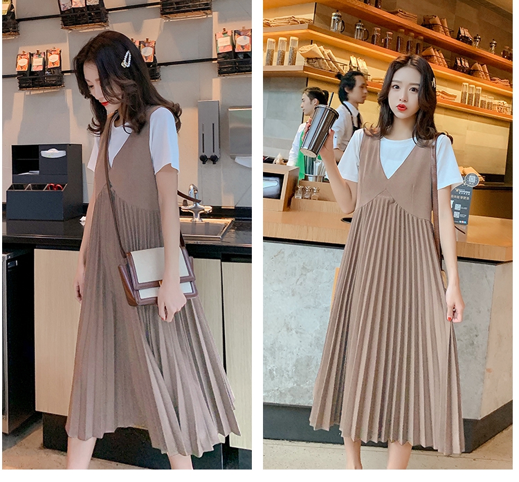 เอี๊ยมกระโปรงคลุมท้องยาว + เสื้อ ผ้ายืดทิ้งตัว ช่วงกระโปรงจีบรอบ M L XL XXL