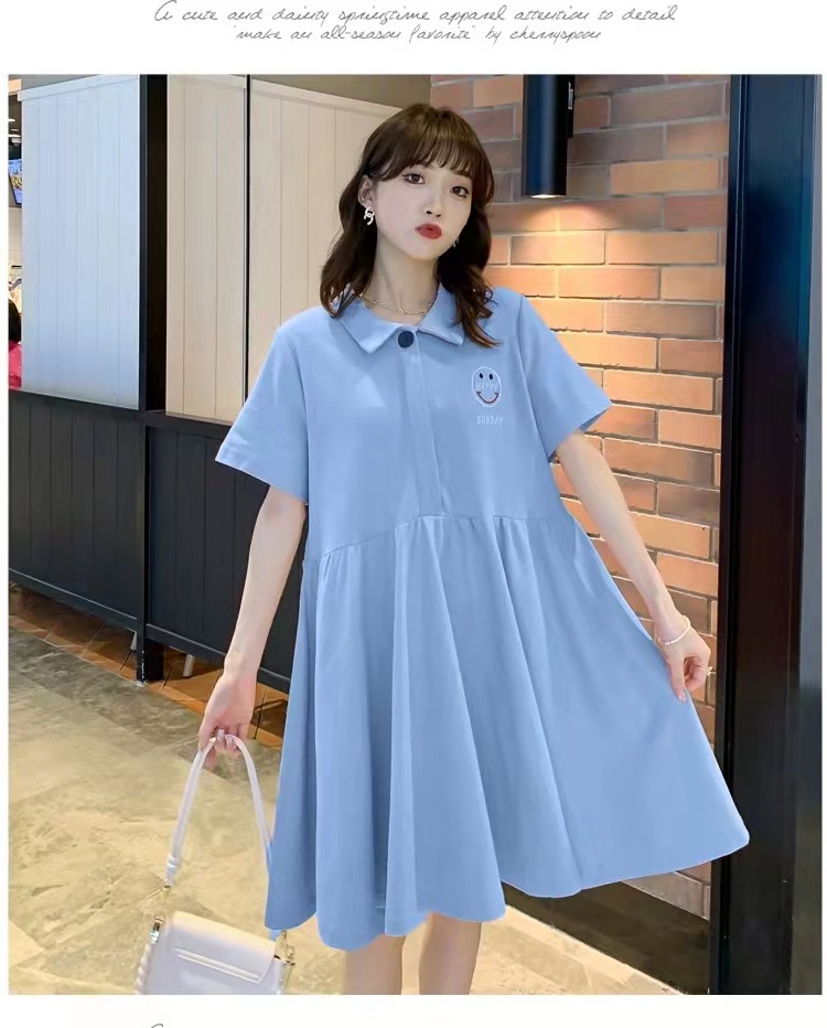 เดรสคลุมท้องแฟชั่นเกาหลี คอปกมีกระดุม ช่วงบน ผ้านิ่ม ใส่สบายๆม่ร้อน รอบท้องระบายได้เยอะใส่ได้ถึงคลอด M L XL XXL