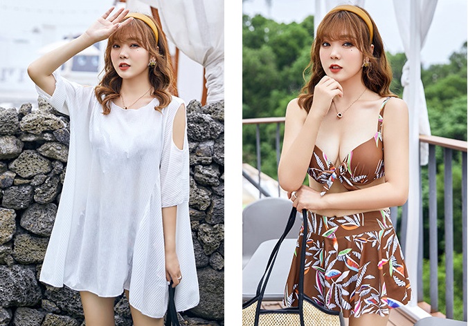 ชุดว่ายน้ำคนอ้วน 5xl พร้อมส่ง :ชุดว่ายน้ำไซส์ใหญ่เที่ยวทะเลสีน้ำตาลแต่งลายใบไม้ มาพร้อมเสื้อคลุมสีขาวเว้าไหล่แบบเก๋ set 3ชิ้น มีบรา กระโปรงติดกางเกงขาสั้นและเสื้อคลุม แบบสวยน่ารักมากๆจ้า : รอบอก36-46 นิ้ว - เอว 32 - 44 นิ้ว - สะโพก 40 - 50 นิ้ว - เสื้อคลุ