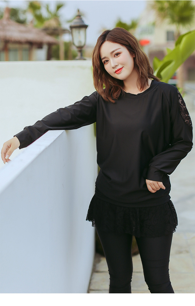 ชุดว่ายน้ำแบบสปอร์ตไซส์ใหญ่ 6xl พร้อมส่ง :ชุดว่ายน้ำคนอ้วนแขนขายาวสีดำแต่งผ้าลูกไม้ set 3 ชิ้นมีบรา เสื้อคลุมแขนยาว และกางเกงขายาวติดกระโปรงลูกไม้ แบบน่ารักมากๆจ้า : - บรารอบอก 38 - 48 นิ้ว - เอว 30 - 40 นิ้ว - สะโพก 34 - 46 นิ้ว- เสื้อคลุมแขนยาว รอบอก 44