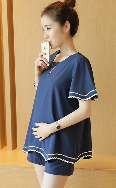 ชุดเสื้อคลุมท้อง+กางเกงขาสั้น ผ้าเนื้อละเอียด แขนระบาย กางเกงปรับขนาดครรภ์ได้ M,L,XL,XXL