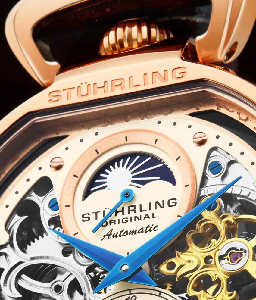 Stuhrling Original 889.03 นาฬิกาผู้ชาย Modena Automatic Dual Time Skeleto Leather Strap Men's Watch