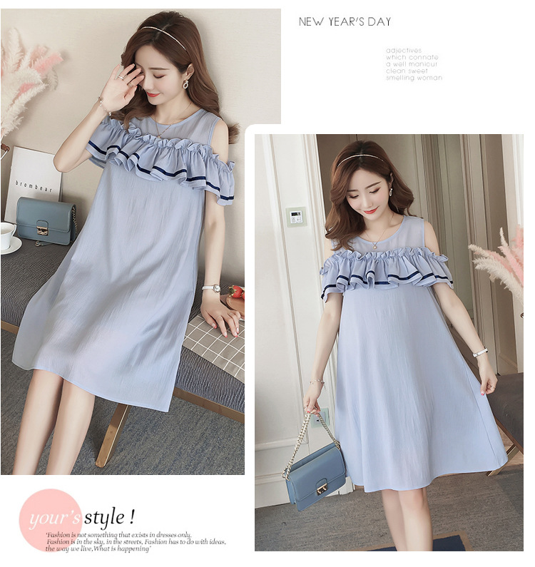 เดรสคลุมท้องแฟชั่นเปิดไหล่ ทำระบายช่วงอก รอบท้องใหญ่ใส่ได้ถึงคลอด มีซับใน M L XL,XXL