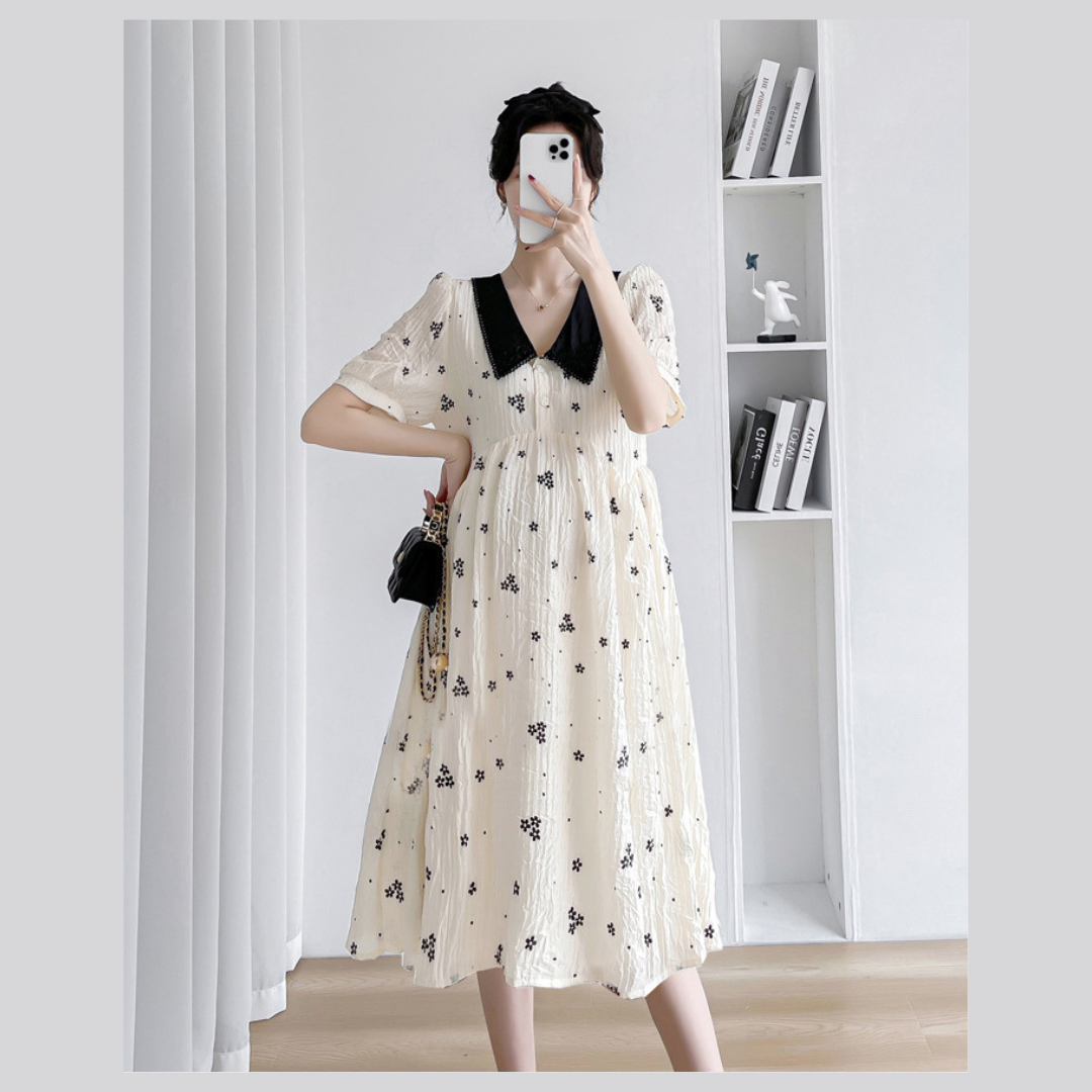 ชุดคลุมท้องแฟชั่นเกาหลี อัดพรีท คอปก กระดุมเปิดให้นมได้ ลายดอกไม้ น่ารักใส่สบาย มีซับใน M L XL XXL