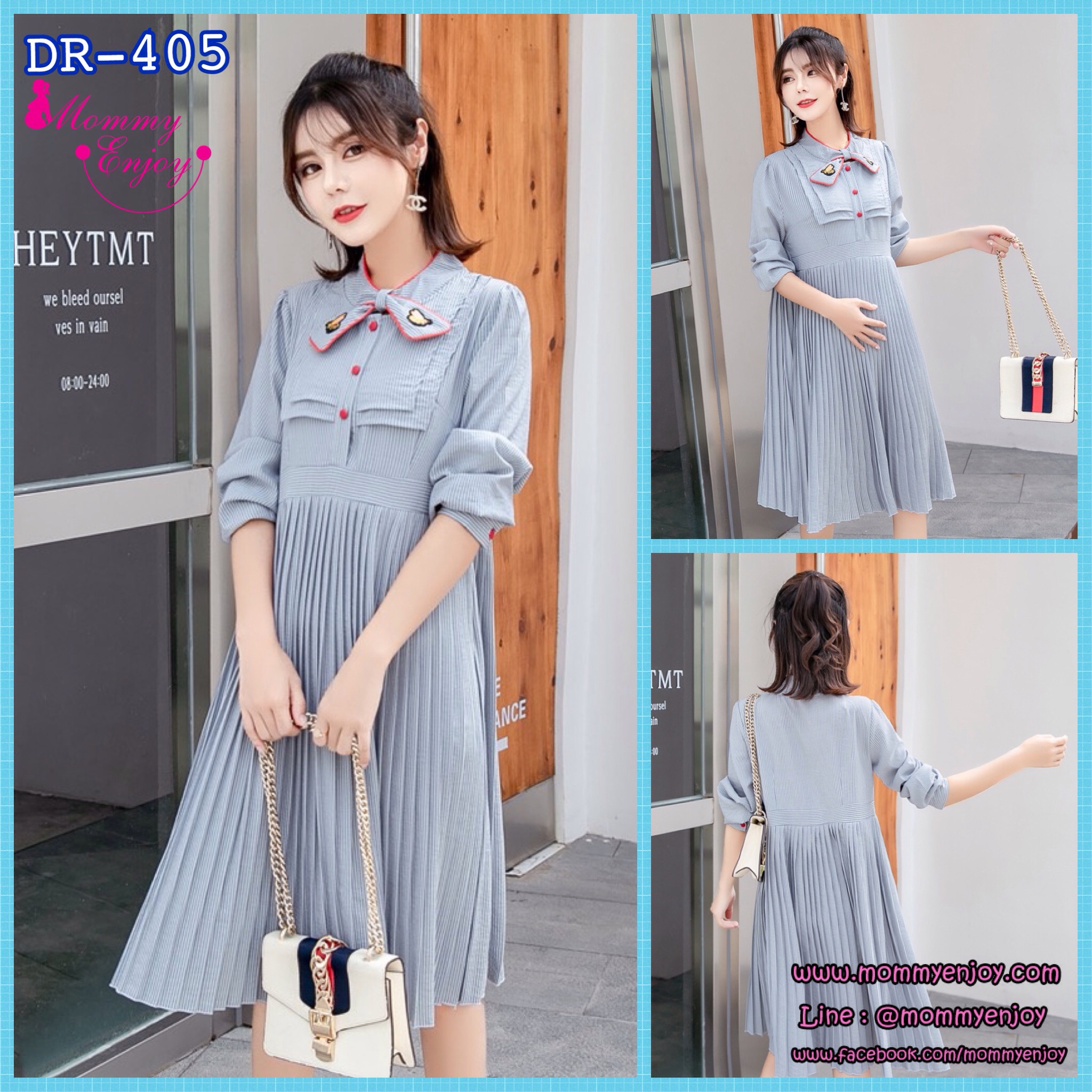 เดรสคลุมท้องแฟชั่นแขนยาว อัดพรีทสวย แขนยาว มีโบว์ที่คอ ใส่ได้ถึงคลอด M L XL,XXL