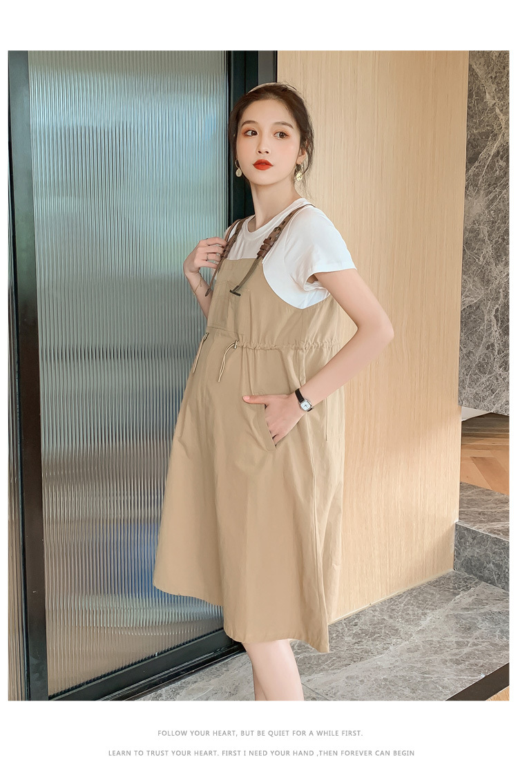 เดรสคลุมท้องแฟชั่นเอี๊ยมหลอก สายหนัง มีกระเป๋าข้าง ช่วงท้องปรับขนาดได้ สีและแบบสวยมาก M L XL XXL