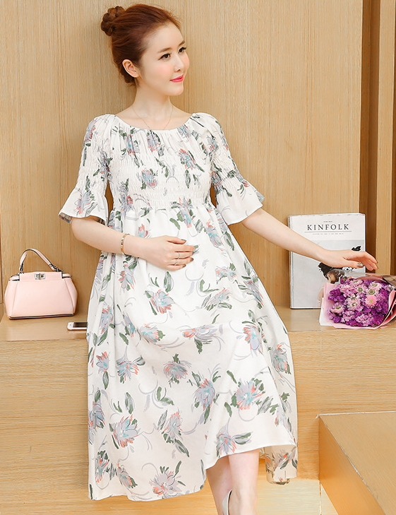 ชุดคลุมท้องเกาหลี เปิดไหล่ก็ได้ แขน3ส่วน ปลายแขนระบาย M,L,XL,XXL