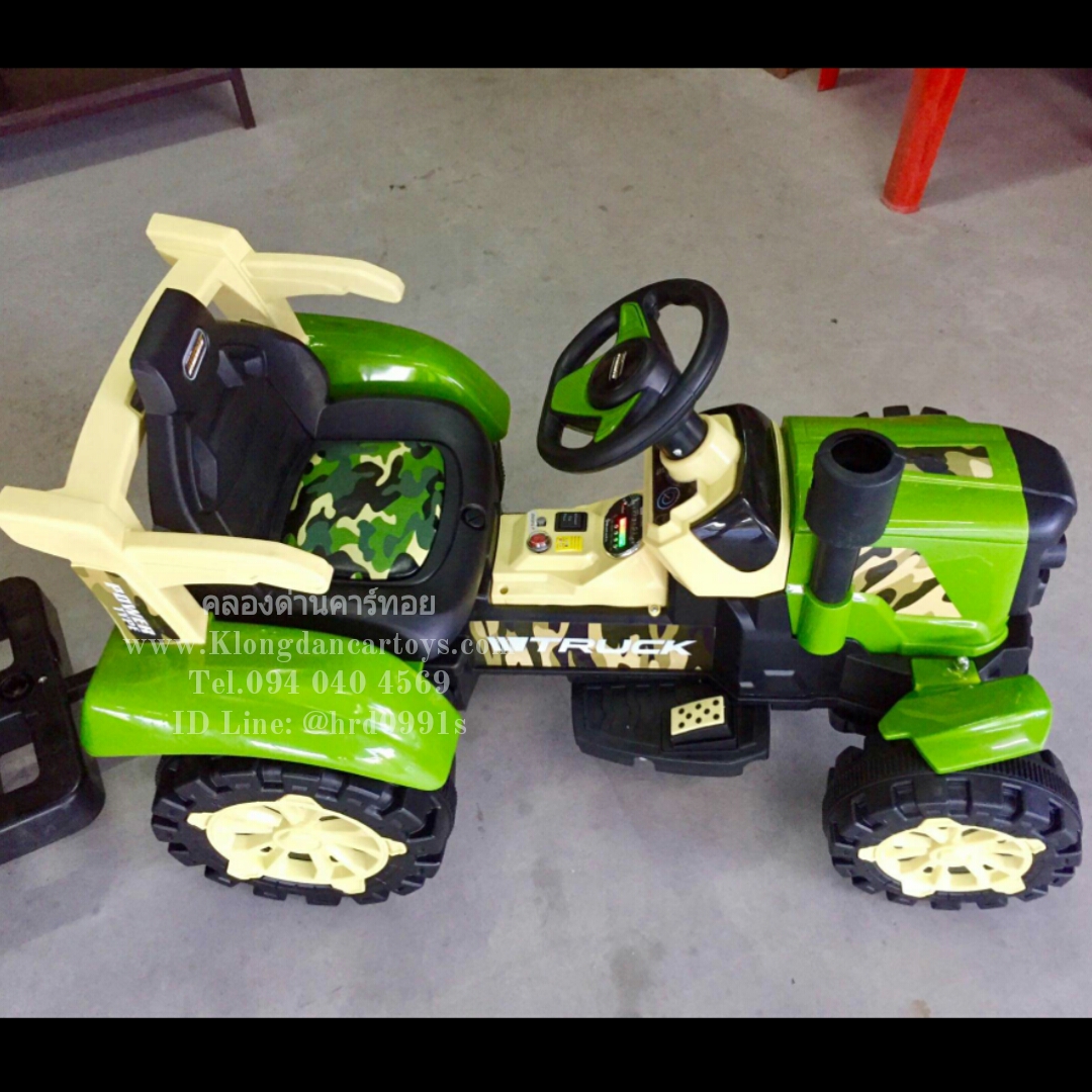 รถเด็กแทคเตอร์แบตเตอรี่*ต่อบูลทูธมือถือได้, ตัวพ่วงมีดัมโช้คถอดได้*(เบาะหนังนิ่ม, 2มอเตอร์, เล่นusb มีเสียงสตร์าท แตร มีเพลงในตัว และมีไฟ วิ่งได้จริง)