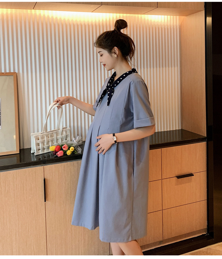 เดรสคลุมท้องแฟชั่นเกาหลี ผ้าฝ้าย ช่วงท้องระบายได้เยอะ ใส่ได้ถึงคลอด ผูกโบว์ที่คอ สวยน่ารักสุภาพ M L XL XXL