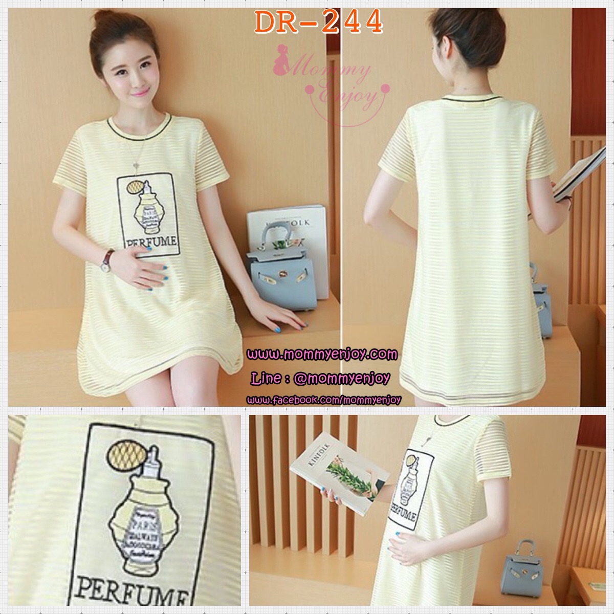 เดรสคลุมท้องสไตล์เกาหลี ผ้าไหมแก้ว ลายน่ารัก มีซับในทั้งชุด M,L,XL,XXL