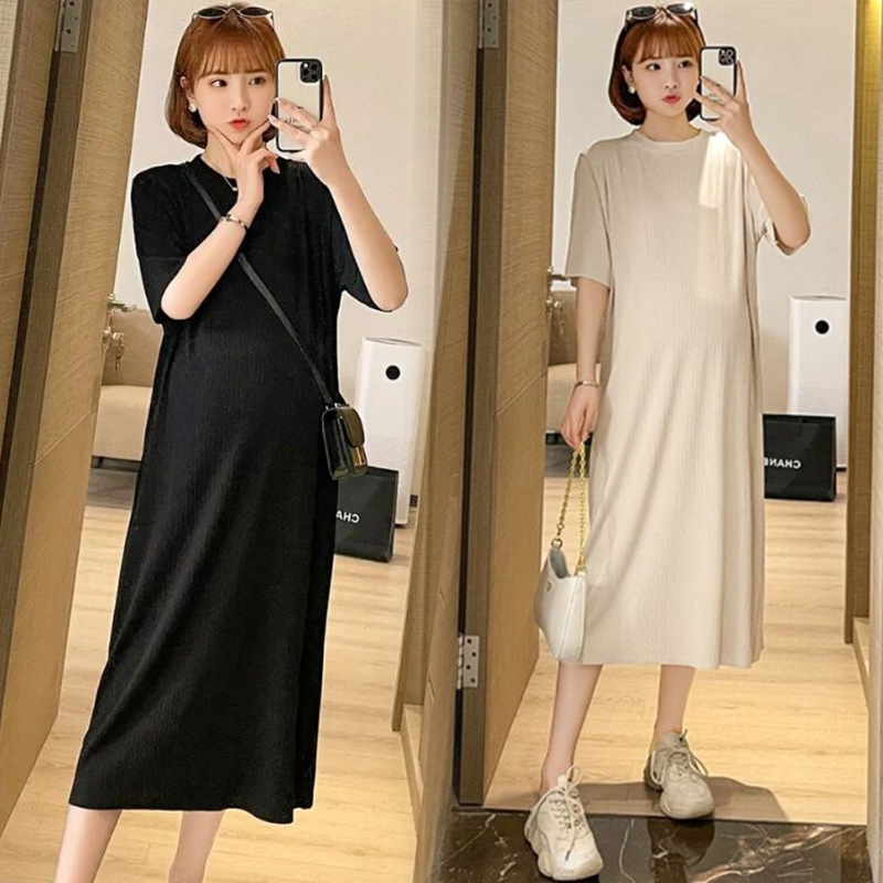 เดรสคลุมท้องแฟชั่นสบายๆ แขนสั้น ดูดี ผ้าทิ้งตัว มีน้ำหนัก เนื้อดีค่ะ M L XL XXL