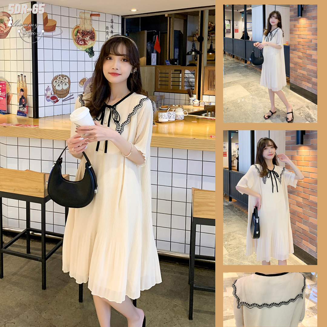 เดรสคลุมท้องแฟชั่น สุดน่ารัก ผ้าชีฟองอัดพรีททั้งชุด ปกคอแต่งด้วยลูกไม้ มีเชือกผูกเพิ่มความเก๋ มีซับใน M L XL XXL