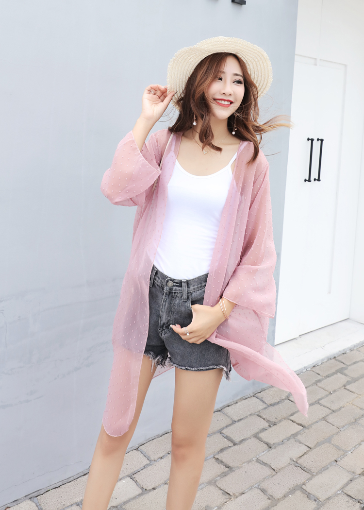 เสื้อคลุมแฟชั่น พร้อมส่ง : เสื้อคลุมสีชมพูแต่งจุดสีสันสดใส แบบสวยมากจ้า