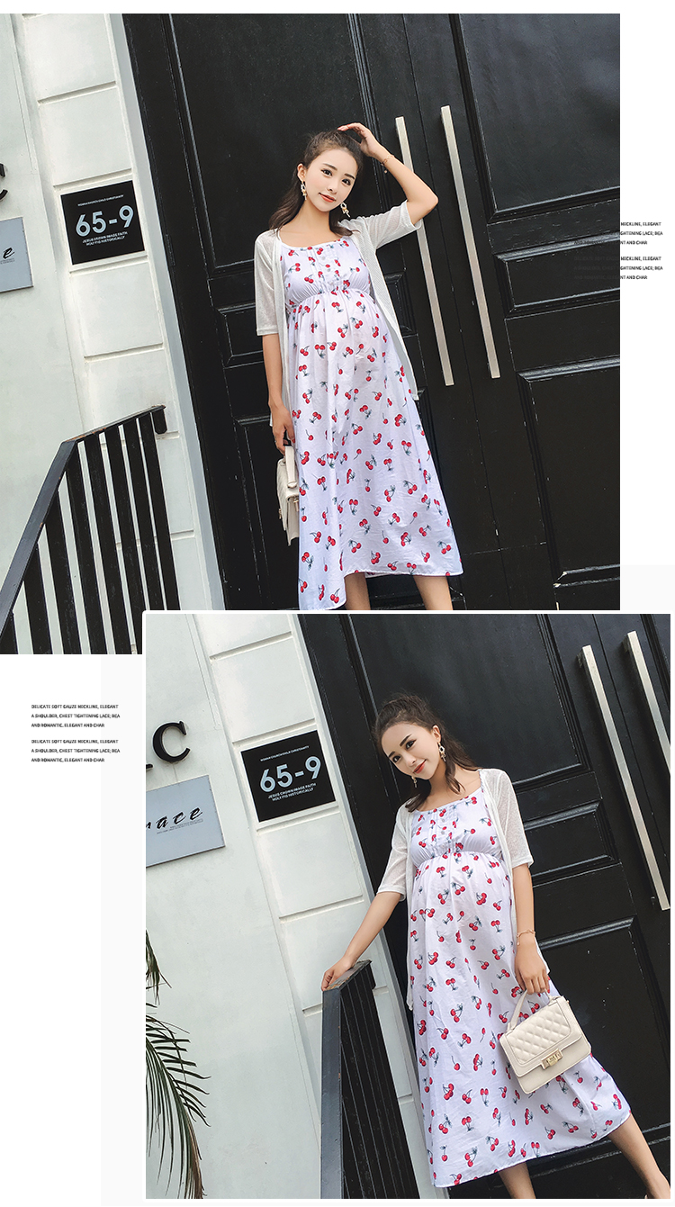 ชุดคลุมท้องสายเดี่ยวมาพร้อมเสื้อคลุม ชุดผ้าฝ้ายลายเชอรี่น่ารัก M L XL XXL