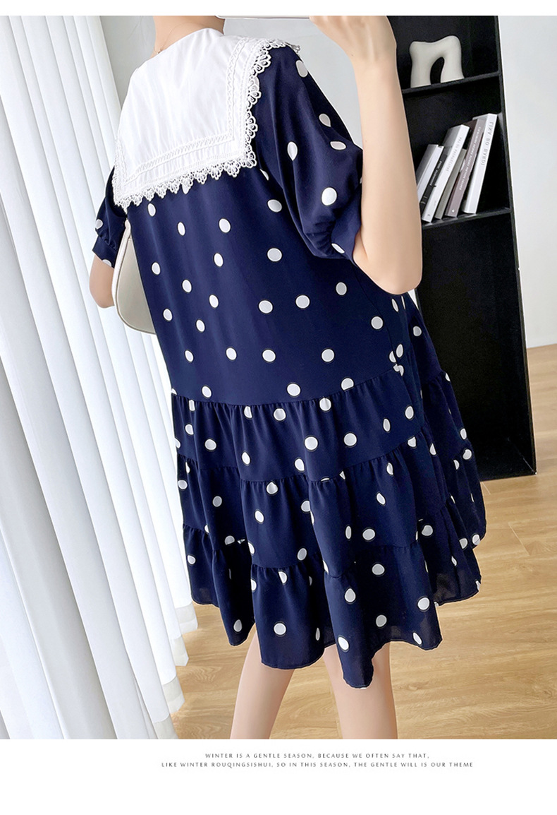 ชุดคลุมท้องแฟชั่นเกาหลี ผ้าชีฟองลายจุด คอแขนตุ๊กตา แต่งด้วยโบว์ มีซับใน ใส่ดีมาก M L XL XXL