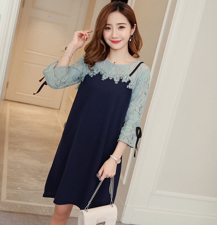 ชุดคลุมท้องเกาหลี แขน4ส่วน เอี๊ยมหลอกช่วงบนและแขนเป็นผ้าลูกไม้ ใส่สบาย M,L,XL,XXL