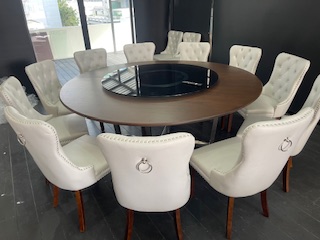 Trp.Round Table 圆桌会议 餐桌 中式餐桌 配有旋转镜组 โต๊ะกลมหินอ่อนขนาดใหญ่ 360 ซม.20 ที่นั่ง พร้อมชุดจานหมุน เลซี่ซูซาน Lazysusan และ เก้าอี้ สีแดง