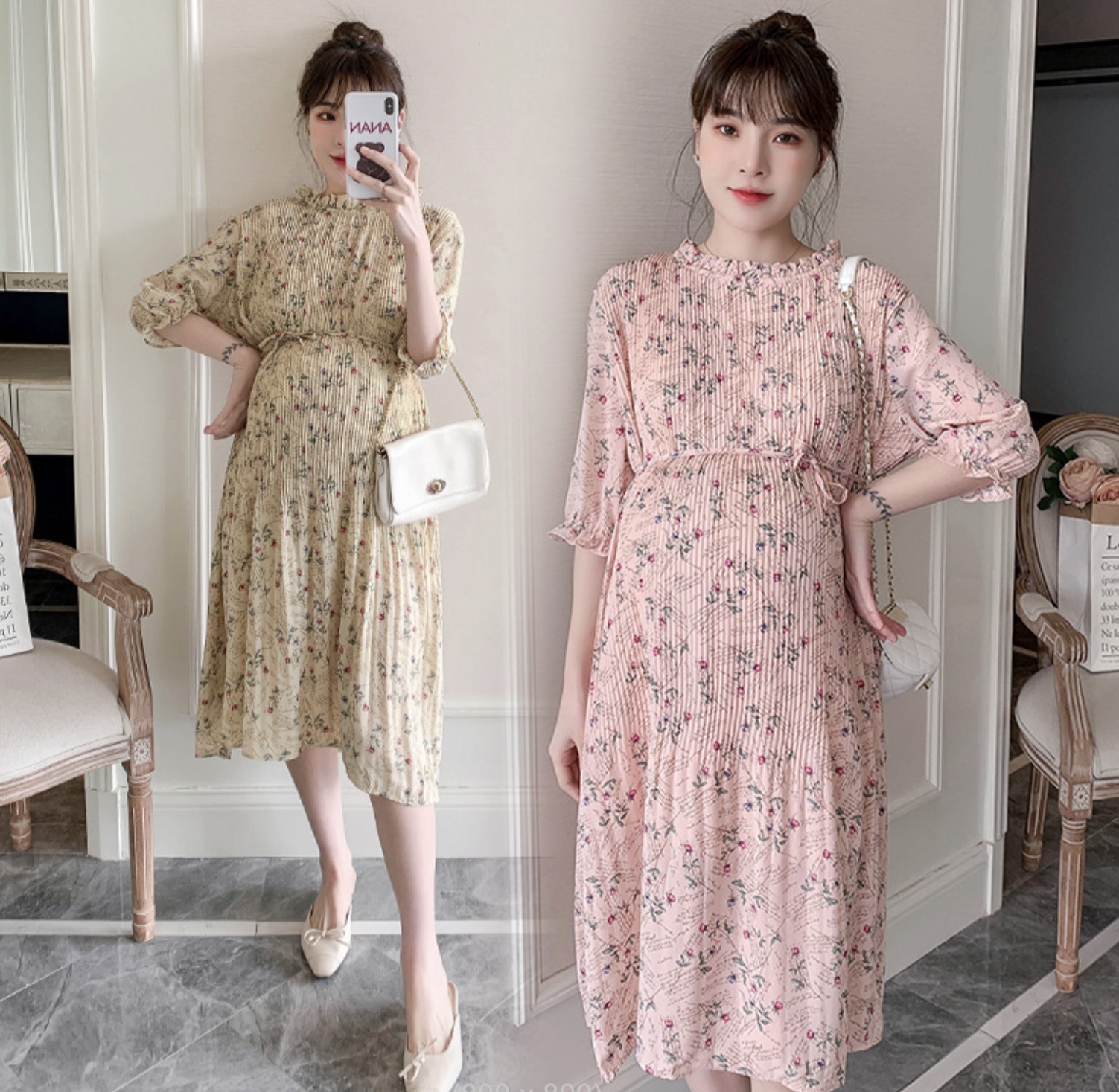 เดรสคลุมท้องแฟชั่น แขนจั้ม3ส่วน ผ้าชีฟองอัดพรีทเล็กช่วงบน สวยมาก มีซับใน มีเชือกผูกอิสระ M L XL XXL