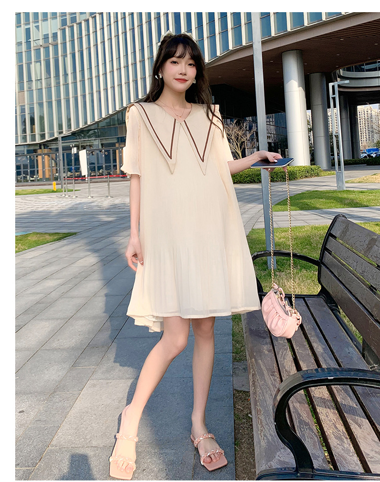 เดรสคลุมท้องแฟชั่นเกาหลี ปกกะลาสีเรือ ผ้าชีฟองอัดพรีท มีซับใน ชุดสวยเนื้อดีมาก M L XL XXL