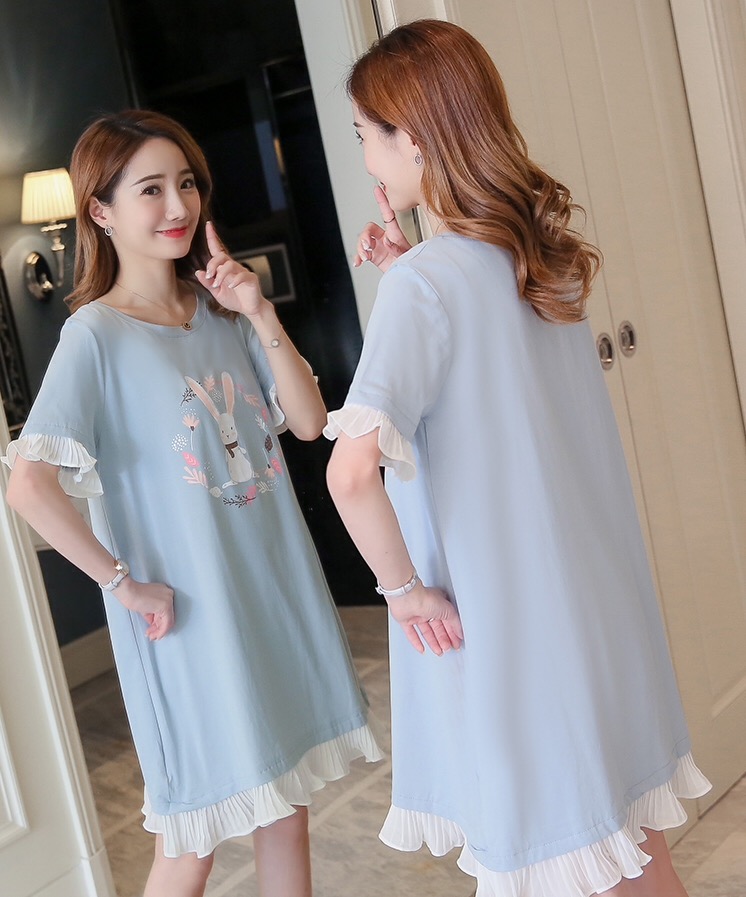 ชุดคลุมท้องแขนยาว ผ้ายืดเนื้อนิ่ม แขนและกระโปรงแต่งระบาย พิมพ์ลายกระต่าย น่ารักค่ะ M L XL XXL