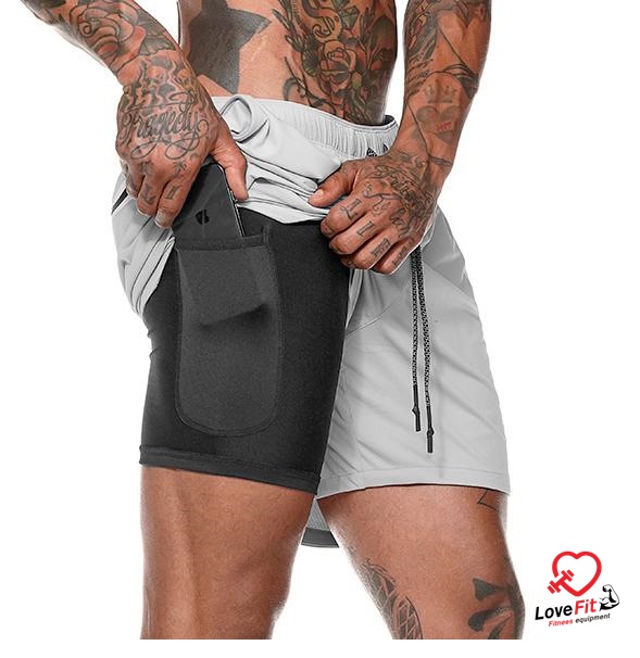 กางเกงออกกำลังกายผู้ชายขาสั้น กางเกงวิ่งชาย 2in1 มีซับในและช่องใส่ของในตัว ใส่สบายทรงสวย