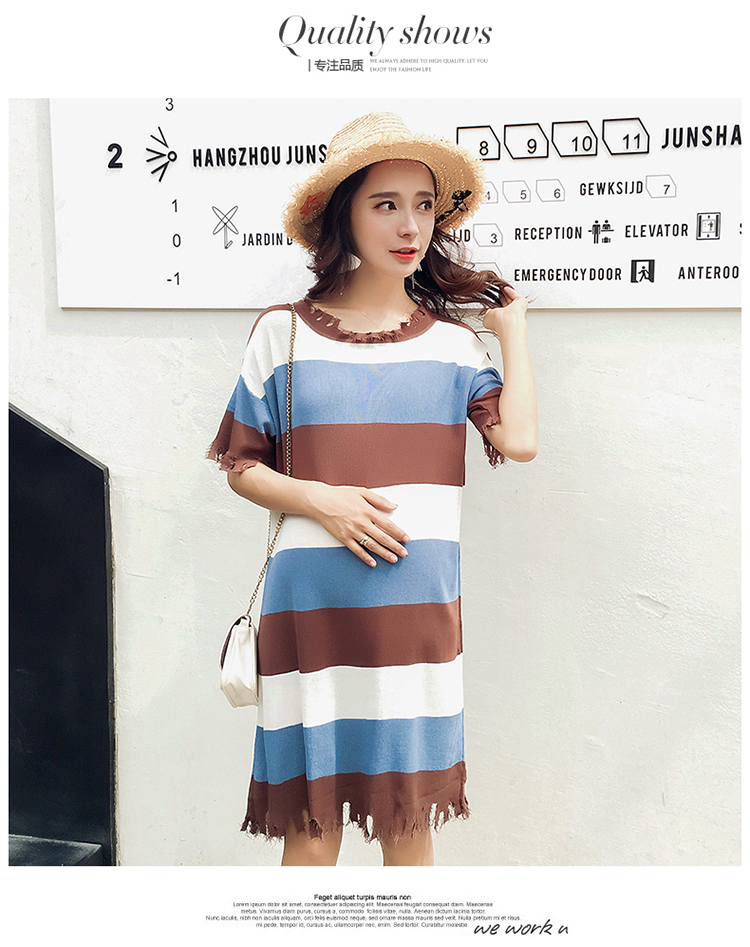 เดรสคนท้องแฟชั่น ผ้ายืดนิ่ม แต่งปลายให้ดูขาด สีสันสดใส ใส่สบาย น้ำตาล