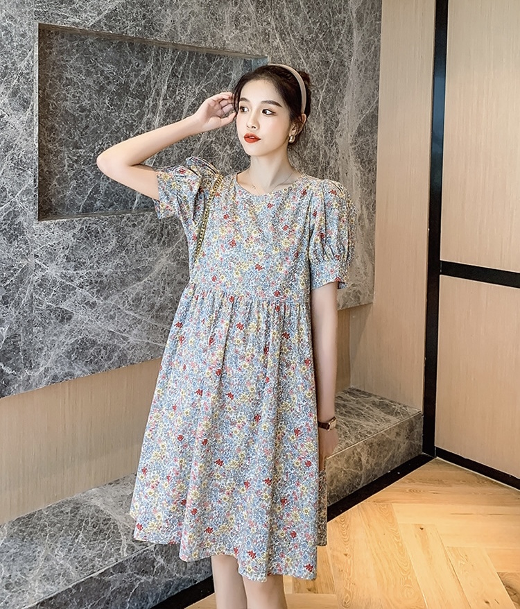 เดรสคลุมท้องแฟชั่นเกาหลี ผ้าฝ้าย ลายดอกวินเทจน่ารัก แขนตุ๊กตา ช่วงท้องระบาย ใส่ได้ถึงคลอด M L XL XXL