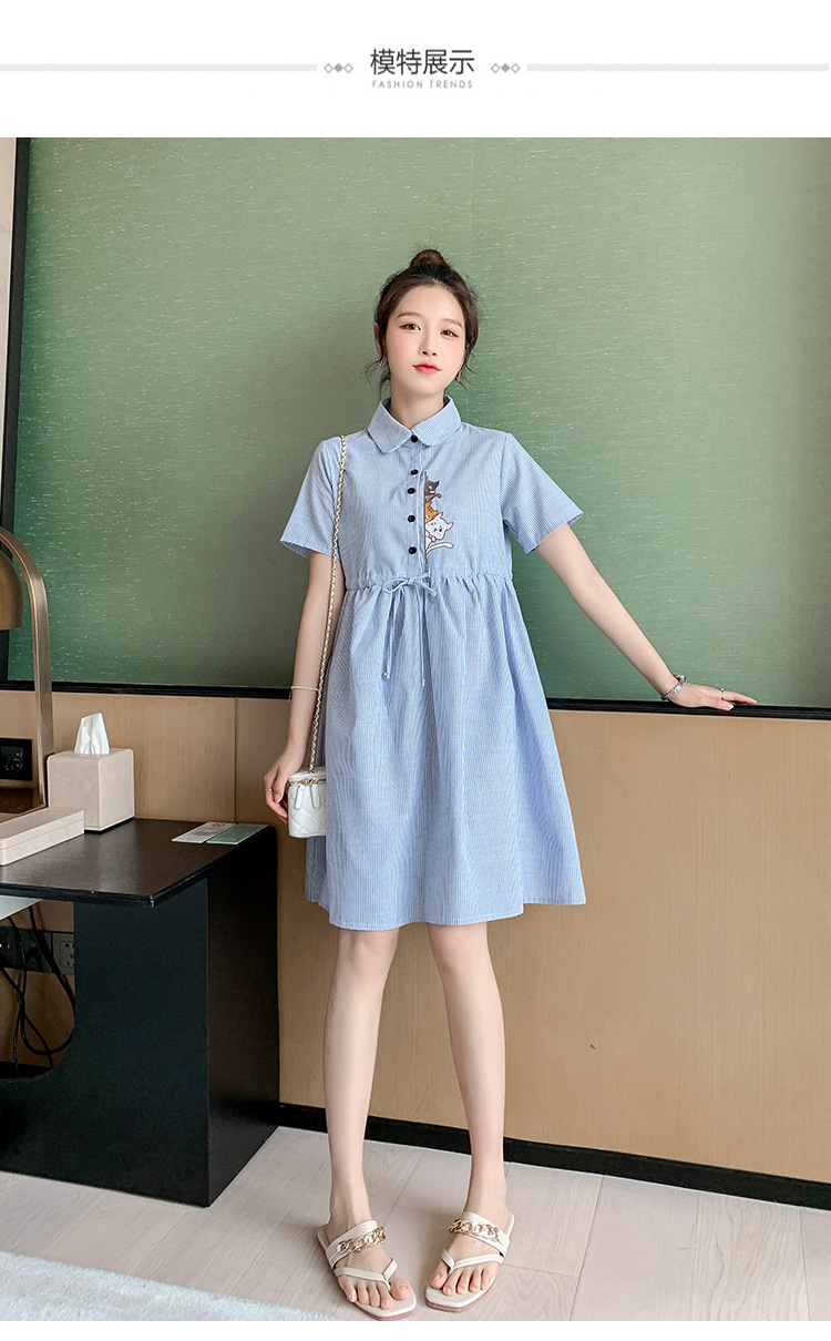 เดรสคลุมท้องแฟชั่นคอปกแขนสั้น ผ้าฝ้ายเหมียวน้อยน่ารัก ผ้าลายสวย มีเชือกปรับขนาดครรภ์ได้ กระดุมเปิดให้นมก็ได้ M L XL XXL